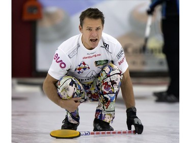 Skip Thomas Uslrud in action during the championship final in the World Curling Tour's College Clean Restoration Curling Classic at the Nutana Curling Club, September 26, 2016.