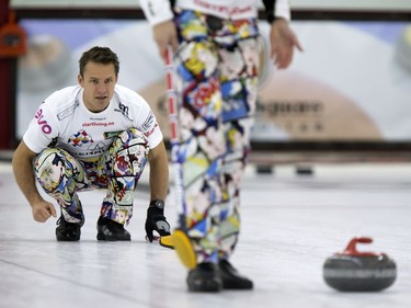 Skip Thomas Uslrud in action during the championship final in the World Curling Tour's College Clean Restoration Curling Classic at the Nutana Curling Club, September 26, 2016.