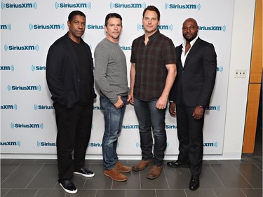 L-R: Actors Denzel Washington, Ethan Hawke and Chris Pratt and director Antoine Fuqua participate in SiriusXM's Town Hall with the cast of "The Magnificent Seven" hosted by SiriusXM host Julia Cunningham on September 19, 2016 in New York City.