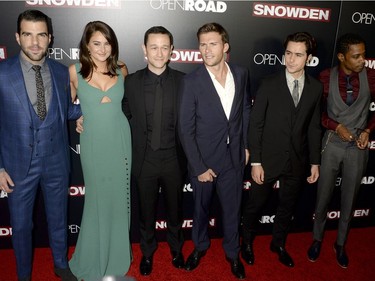 L-R: Zachary Quinto, Shailene Woodley, Joseph Gordon-Levitt, Scott Eastwood, Ben Schnetzer and Keith Stanfield arrive at the "Snowden" premiere in New York, September 13, 2016.