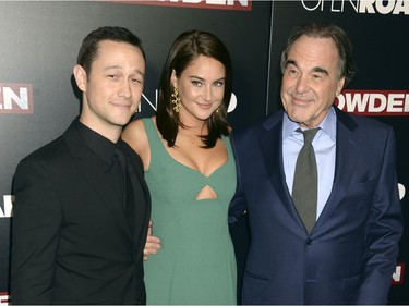 L-R: Joseph Gordon-Levitt. Shailene Woodley and Oliver Stone arrive at the "Snowden" premiere in New York, September 13, 2016.