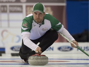 Team Saskatchewan skip Steve Laycock throws a rock during round robin competition against Team PEI at the Brier curling championship, Tuesday March 8, 2016 in Ottawa.