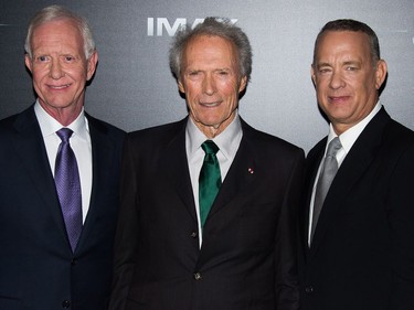 L-R: Chesley "Sully" Sullenberger, Clint Eastwood and Tom Hanks attend the "Sully" New York premiere at Alice Tully Hall on September 6, 2016 in New York City.