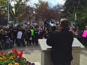 Saskatoon transit union president Jim Yakubowski speaks at a rally supporting local transit workers outside Saskatoon City Hall Saturday, Sept. 10. (Jason Warick/Saskatoon StarPhoenix)