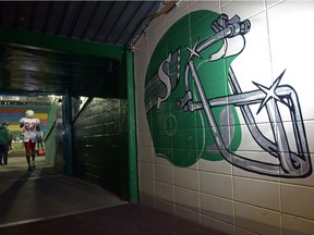 A Saskatchewan Roughriders helmet is painted on the wall of a tunnel that leads to Taylor Field during a Regina High School game at old Mosaic Stadium in Regina, Sask. on Friday Oct. 14, 2016. MICHAEL BELL