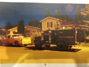 A Saskatoon Police Service armoured rescue vehicle was shot twice by Kevin John Levandoski during a standoff on Coppermine Crescent on Aug. 22, 2014. Police photos were entered as exhibits at Levandoski's sentencing hearing on Oct. 24, 2016.