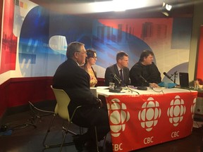 All four mayoral candidates squared off in CBC Saskatoon studios on Monday October 3. From right to left: Don Atchison, Kelley Moore, Charlie Clark and Devon Hein.