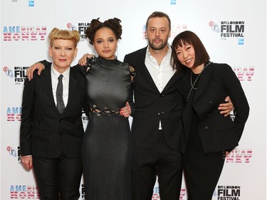 L-R: Director Andrea Arnold, actor Sasha Lane and producers Lars Knudsen and Julia Oh attend the "American Honey" Festival Special Presentation screening during the 60th BFI London Film Festival at the Odeon Leicester Square on October 7, 2016 in London, England.