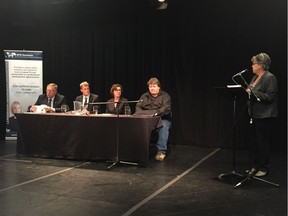 Mayoral candidates take part at a forum hosted by the Business and Professional Women of Saskatoon on Oct. 6, 2016.
(Left to right) Don Atchison, Charlie Clark, Kelley Moore, Devon Hein and moderator June Bold.