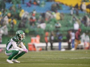 Saskatchewan Roughriders receiver Caleb Holley is shown on the Mosaic Stadium turf after Saturday's 19-14 loss to the Montreal Alouettes.