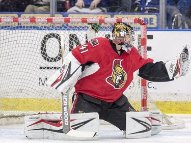 Ottawa Senators goalie Craig Anderson makes a save against the Toronto Maple Leafs during the first period of an NHL pre-season hockey game in Saskatoon, October 4, 2016.
