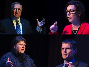 (Clockwise from top left) Don Atchison, Kelley Moore, Charlie Clark and Devon Hein take part in a mayoral debate sponsored by the StarPhoenix at the Broadway Theatre in Saskatoon on Oct. 11, 2016. (Greg Pender/Saskatoon StarrPhoenix)