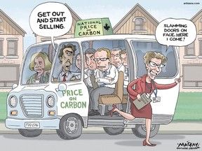 Editorial Cartoon by Graeme MacKay, The Hamilton Spectator – Wednesday October 12, 2016  Canada, carbon, environment, climate change, Justin Trudeau, Kathleen Wynne, Brad Wall, neighbourhood, sales