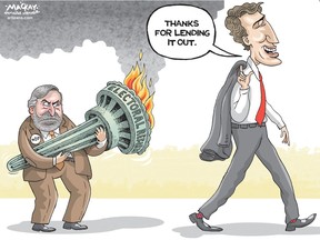 Editorial Cartoon by Graeme MacKay, The Hamilton Spectator – Friday October 21, 2016  Is Trudeau jockeying to avoid fulfilling promise on electoral reform?  Is Justin Trudeau laying the groundwork for reneging on his promise to make the 2015 federal election the last to be conducted under the first-past-the-post voting system?  Or is the prime minister trying to drive a hard bargain with the NDP and Greens to abandon their own ambitious preference for a proportional voting system and settle for a more modest change to a ranked ballot system?  Those questions were touched off Wednesday by an interview Trudeau gave to Montreal's Le Devoir newspaper.  In it, Trudeau said major electoral reforms would require "substantial" support. But he simultaneously argued that the public clamour for change seems to have diminished since the Liberals defeated Stephen Harper's Conservatives one year ago.  "Under the current system, (Canadians) now have a government they're more satisfied with and the motivation to change the electoral system is less compelling," he said.  NDP Leader Tom Mulcair took that as clear evidence that Trudeau is preparing to break his promise on electoral reform.  "I do believe that Mr. Trudeau is showing the type of cynicism that he used to always decry when he was in opposition," Mulcair said.  "What could be more cynical that to say, 'You know what? This is a totally unfair system because it allowed Stephen Harper to get a massive majority with only 39 per cent of the vote,' and then, exactly one year later, say, "Oh, but by the way, it's a darn good system because it allowed Justin Trudeau to get a massive majority with just 39 per cent of the vote.'" (Source: Toronto Star) https://www.thestar.com/news/canada/2016/10/19/is-trudeau-jockeying-to-avoid-fulfilling-promise-on-electoral-reform.html  Canada, Justin Trudeau, Thomas Mulcair, electoral reform, election, reform, electoral, torch, promise