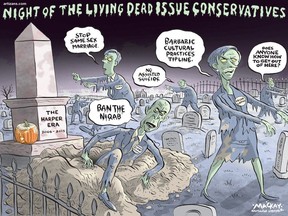 Editorial Cartoon by Graeme MacKay, The Hamilton Spectator – Tuesday October 25, 2016  Steven Blaney kicks off Conservative leadership campaign with proposed niqab ban  Quebec MP Steven Blaney is running for leadership of the Conservative Party, and his first major policy position is a ban on the niqab and a promise to invoke the notwithstanding clause if courts strike down his new measures.  The former minister in the cabinet of Stephen Harper said he will introduce legislation that would forbid the Islamic face-covering while voting and taking the oath of citizenship. He also said that the prohibition would extend to people working in the federal public service.  "We are a country that is built on immigration, but we have to be sure that those new Canadians we welcome are understanding of how we live. We don't want our country to become like the country they left," Blaney told reporters Monday. "We fully welcome you, but we want you to respect who we are."  The measures are necessary, Blaney said, to "ensure the sustainability of our integration model" and to protect women's rights.  The proposal revives a controversial debate from the last campaign, when Harper himself suggested the niqab should be banned from the public service.  His party enacted policies to prevent women from wearing a niqab while taking the citizenship oath, and promised to create a "barbaric cultural practices" tip line. Those two proposals led some to accuse the party of engaging in identity politics and fuelling anti-Muslim sentiment.  Zunera Ishaq, a Muslim woman, went to court to challenge the government's ban, and, in the middle of the campaign, the Federal Court of Appeal cleared the way for her to wear the head covering. (Source: CBC News) http://www.cbc.ca/news/politics/steven-blaney-conservative-leadership-niqab-ban-1.3818673  Canada, Conservative, party, niqab, assisted suicide, end of life, conservative, leadership, Kellie Leitch, Steven Blaney, culture, race, religion, stephen harper, zombie, halloween