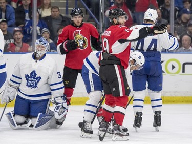 Toronto Maple Leafs goalie Frederik Andersen reacts as Ottawa Senators centre Derick Brassard celebrates a goal during the first period of an NHL pre-season hockey game in Saskatoon, October 4, 2016.