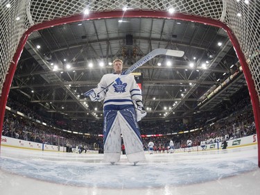 Toronto Maple Leafs goalie Frederik Andersen skates back to his net following the singing of the national anthem before his team takes on the Ottawa Senators during the first period of an NHL pre-season hockey game in Saskatoon, October 4, 2016.