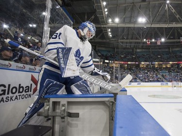 Toronto Maple Leafs goalie Frederik Andersen takes to the ice before his team takes on the Ottawa Senators in an NHL pre-season hockey game in Saskatoon, October 4, 2016.