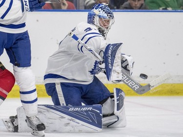 Toronto Maple Leafs goalie Frederik Andersen stops a shot from the Ottawa Senators during the first period of an NHL pre-season hockey game in Saskatoon, October 4, 2016.