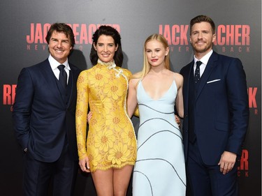 L-R: Actors Tom Cruise, Cobie Smulders, Danika Yarosh and Patrick Heusinger attend the fan screening of "Jack Reacher: Never Go Back" on October 16, 2016 at the AMC Elmwood in New Orleans, Louisiana.