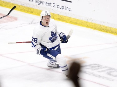 Toronto Maple Leafs forward Kasperi Kapanen celebrates after scoring a goal against the Ottawa Senators during the third period of an NHL pre-season hockey game in Saskatoon, October 4, 2016.
