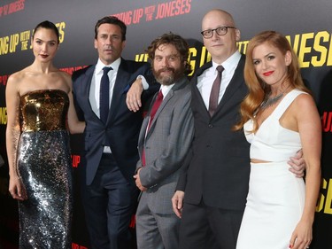 L-R: Gal Gadot, Jon Hamm, Zach Galifianakis, Greg Mottola and Isla Fisher attend the "Keeping Up with the Joneses" Red Carpet Event at the Twentieth Century Fox on October 8, 2016 in Los Angeles, California.