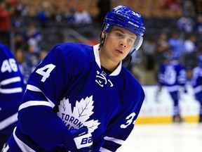 TORONTO, CANADA - OCTOBER 02:  Auston Matthews #34 of the Toronto Maple Leafs takes part in warm-up prior to an NHL preseason game against the Montreal Canadiens at Air Canada Centre on October 2, 2016 in Toronto, Canada.