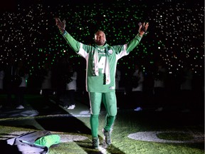 Saskatchewan Roughriders quarterback Darian Durant takes part in Saturday's post-game ceremony at Mosaic Stadium.