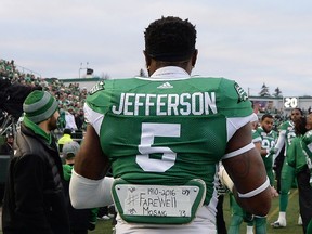 Saskatchewan Roughriders defensive end Willie Jefferson pays tribute to Mosaic Stadium before the team's last-ever game at the facility on Saturday.