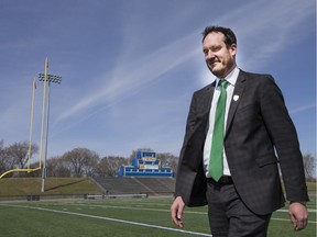 SASKATOON, SASK.; APRIL 28, 2016 -  0429 sports smf field  President and CEO of the Saskatchewan Roughriders Craig Reynolds made the announcement of a donation of 4900 seats and 6 boxes to the Saskatoon Minor Football Field benefiting from the Roughriders Grey Cup Legacy Project, April 28, 2016. Richardson's was also on hand with $250,00.00 donation. (GordWaldner/Saskatoon StarPhoenix) ORG XMIT: POS1604281354525953