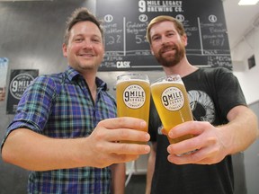 Shawn Moen, left, and Garrett Pederson founded 9 Mile Legacy Brewing Co. in Saskatoon in early 2015.