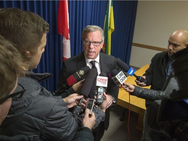 Saskatchewan Premier Brad Wall at a scrum in the Saskatoon cabinet office, speaking of his intentions to continue to reject the federal carbon tax, October 11, 2016.