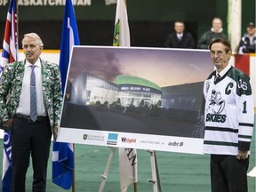 Merlis Belsher (right) along with University of Saskatchewan president Peter Stoicheff unveiled the rendering of a new facility after it was announced that the former U of S grad Merlis Belsher will donate $12.25 million dollars to help fund a new twin-ice facility on campus, October 13, 2016