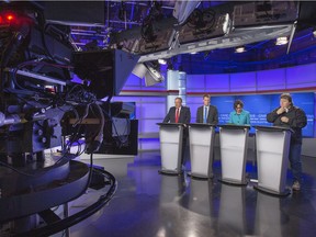 (L-R)  Don Aitchison, Charlie Clark and Kelley Moore with Devon Hein are the 4 mayoral candidates that were in the CTV studios and live on television answering questions, October 20, 2016