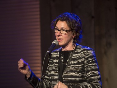 Kelley Moore speaks to supporters at Village Guitar and Amp on 20th Street West where they gathered to await the final results of the Saskatoon mayoral race, October 26, 2016.