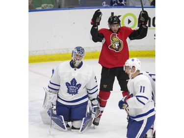 Ottawa Senators #9 Bobby Ryan celebrates Ottawa's first goal, a shorthanded goal scored by teammate Derek Brassard against the Toronto Maple Leafs goalie #31 Fredrick Anderson in first period NHL exhibition play at SaskTel Centre in Saskatoon, October 4, 2016.