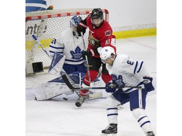 Ottawa Senators #10 Tom Pyatt misses on a deflection on Toronto Maple Leafs goalie #31 Fredrick Anderson in first period NHL exhibition play at SaskTel Centre in Saskatoon, October 4, 2016.