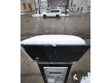 The parking ticket pay stations were snow-covered but still functioning, October 5, 2016.