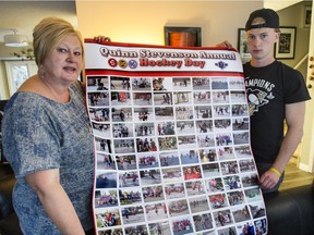 Bonny and son Shea Stevenson display the poster they put together after each Quinn Stevenson Annual Hockey Day and this year will be no different, October 7, 2016. Bonny's son Quinn was killed by a drunk driver in 2013. The annual fundraiser will take place at ACT Arena.