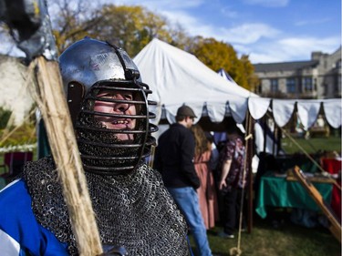 Mike Mcguffin looks on towards a re enactment battle during the Prairie Paladin Medieval Market and Faire located at the University of Saskatchewan in Saskatoon, October 1, 2016.
