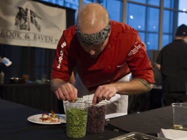 Greg Doucette works on his dish for the Gold Medal Plates Competition at TCU Place in Saskatoon, October 29, 2016.