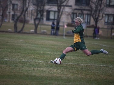 A player from the Regina Cougars kicks the ball down the field during the game at the University of Saskatchewan in Saskatoon, October 29, 2016.