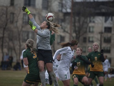Regina Cougars goalie Ashton Lowry attempts to block a shot on net from the U of S Huskies during the game at the University of Saskatchewan in Saskatoon, October 29, 2016.
