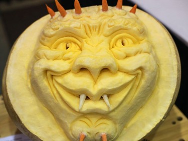 Jack-o-lanterns were on display for a silent auction at the Reflections of Nature show and sale at Prairieland Park in Saskatoon, October 23, 2016.