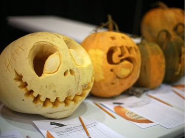 Jack-o-lanterns were on display for a silent auction at the Reflections of Nature show and sale at Prairieland Park in Saskatoon, October 23, 2016.