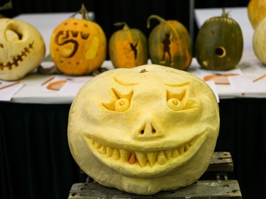 Jack-o-lanterns were on display for a silent auction at the Reflections of Nature show and sale at Prairieland Park in Saskatoon, October 23, 2016.