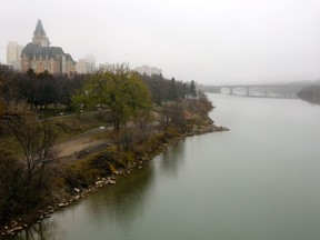 The University bridge is barely visible fromm the Broadway bridge during the heavy fog Sunday morning in Saskatoon on October 23, 2016.