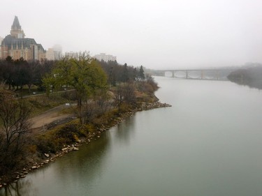 The University Bridge is barely visible from the Broadway Bridge during the heavy fog Sunday morning in Saskatoon, October 23, 2016.