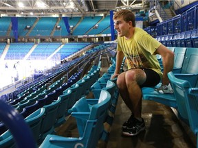 Greg Sparrow works his way through sitting in all of 14,575 seats at Sasktel Centre as part of Rock 102's Dirty Deeds done dirt cheap contest in Saskatoon on October 3, 2016. Contestants do a variety of challenges in hopes to qualify for the $10,000 grand prize.