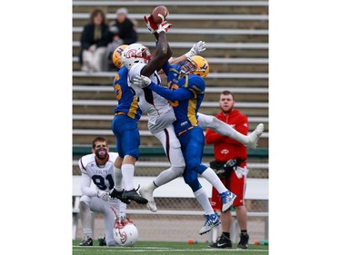 Saskatoon Hilltops' Jared Giddings, Calgary Colts' Richard Sindani and Saskatoon Hilltops' Luke Melnyk try to catch the ball during the Prairie Football Conference championship game at SMF field in Saskatoon on October 30, 2016.